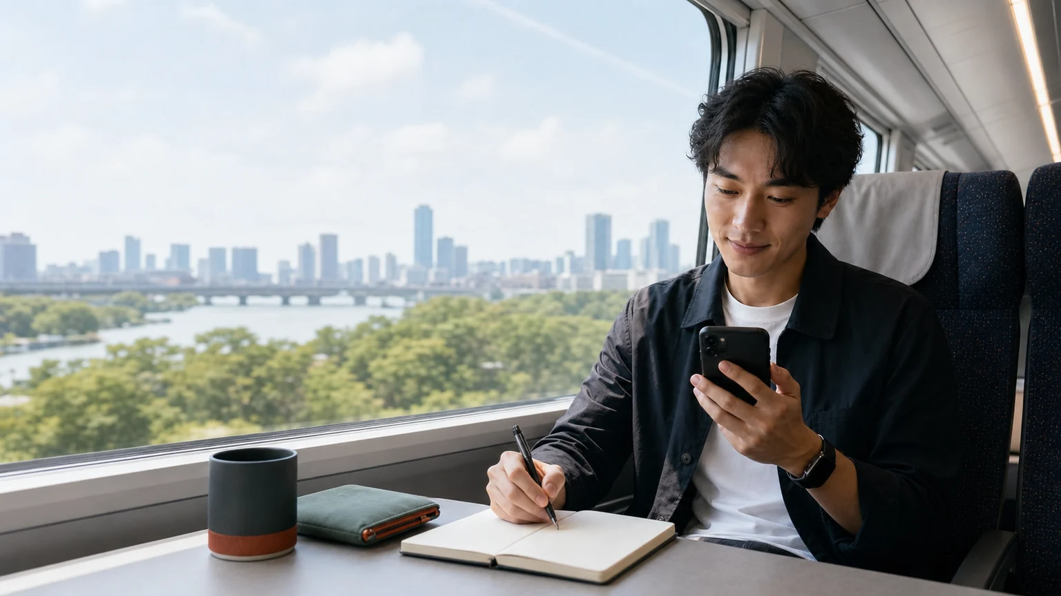 A person capturing an idea on a phone while travelling, with a notebook resting on the table