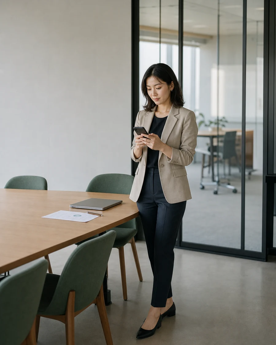 Continuing work on a phone in a meeting room after a meeting