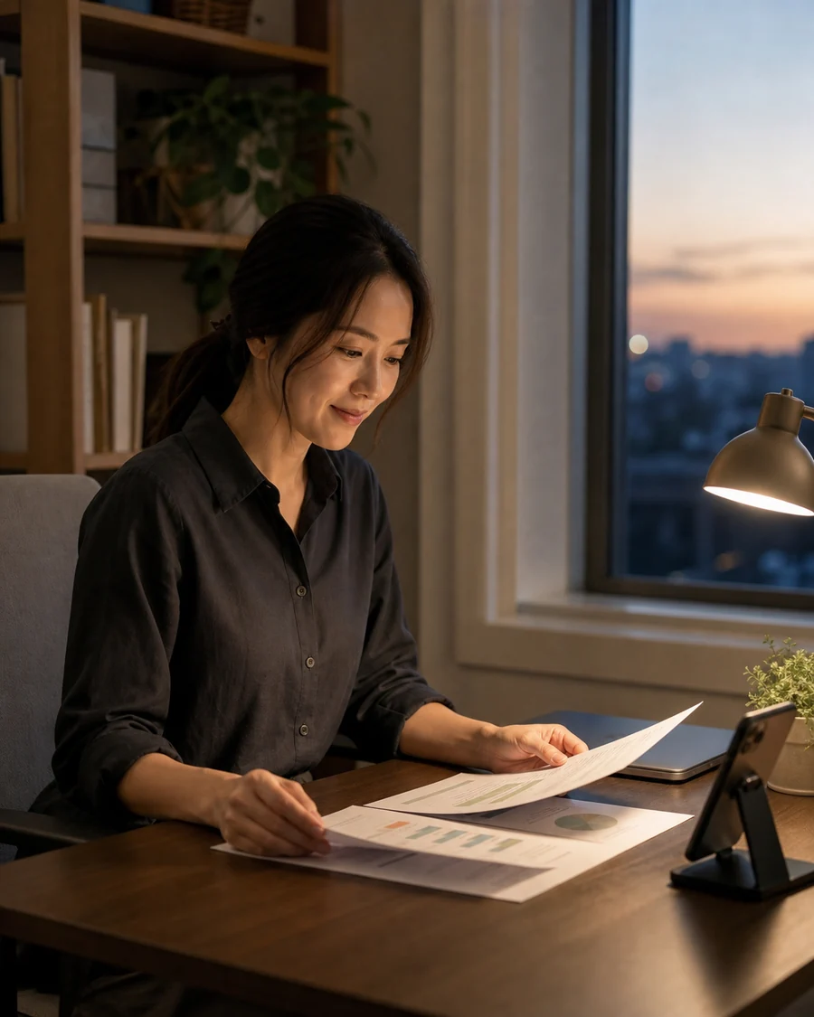 Reviewing a completed report at a home desk